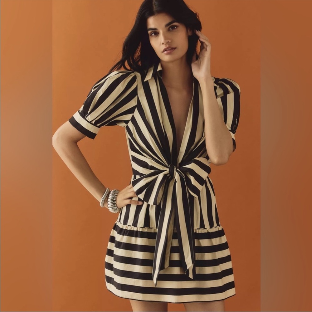 Farm Rio Black White Mixed Stripes Short Sleeve Bow Mini Dress XL New with tags